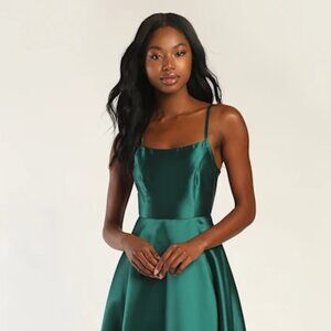 Lulus Fete Fantasy Emerald Green Taffeta Backless A-Line Maxi Dress